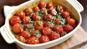 close-up of roasted cherry tomatoes in a white baking dish, blistered and glossy in olive oil with garlic and chopped herbs