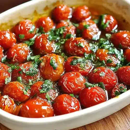 Easy Cherry Tomatoes Recipes: Roasted to Perfection 5 close-up of roasted cherry tomatoes in a white baking dish, blistered and glossy in olive oil with garlic and chopped herbs
