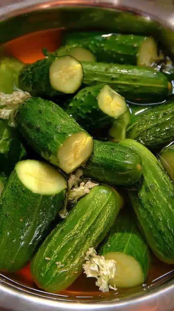 Halved pickling cucumbers soaking in an amber brine with bits of garlic in a stainless-steel bowl, ready for sun curing.