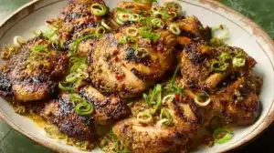 Vietnamese Lemongrass Chicken thighs grilled and topped with scallions and pan sauce