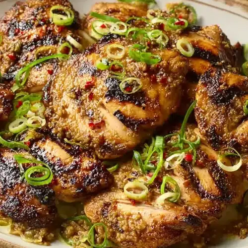 Vietnamese Lemongrass Chicken thighs grilled and topped with scallions and pan sauce