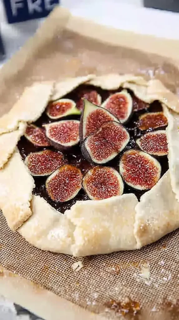 Unbaked fig galette on a lined sheet, folded pastry edges around halved figs and jam.