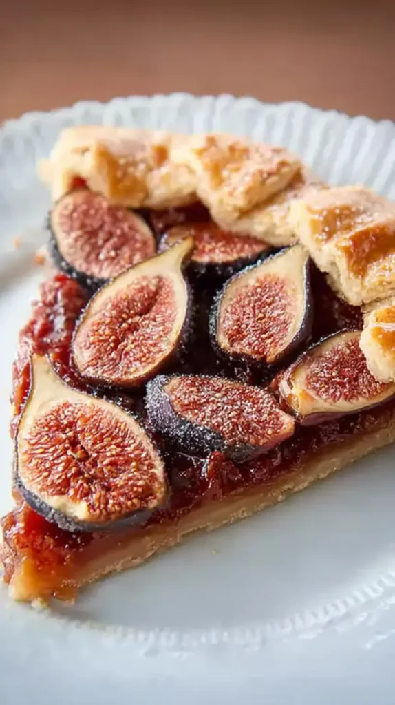 Close-up slice of fig galette on a white plate showing glossy figs and a crisp, sugared rim.