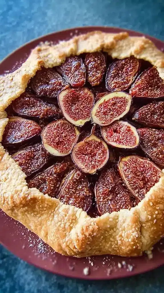 Overhead fig galette with concentric fig halves and a golden, sugar-speckled crust on a plate.