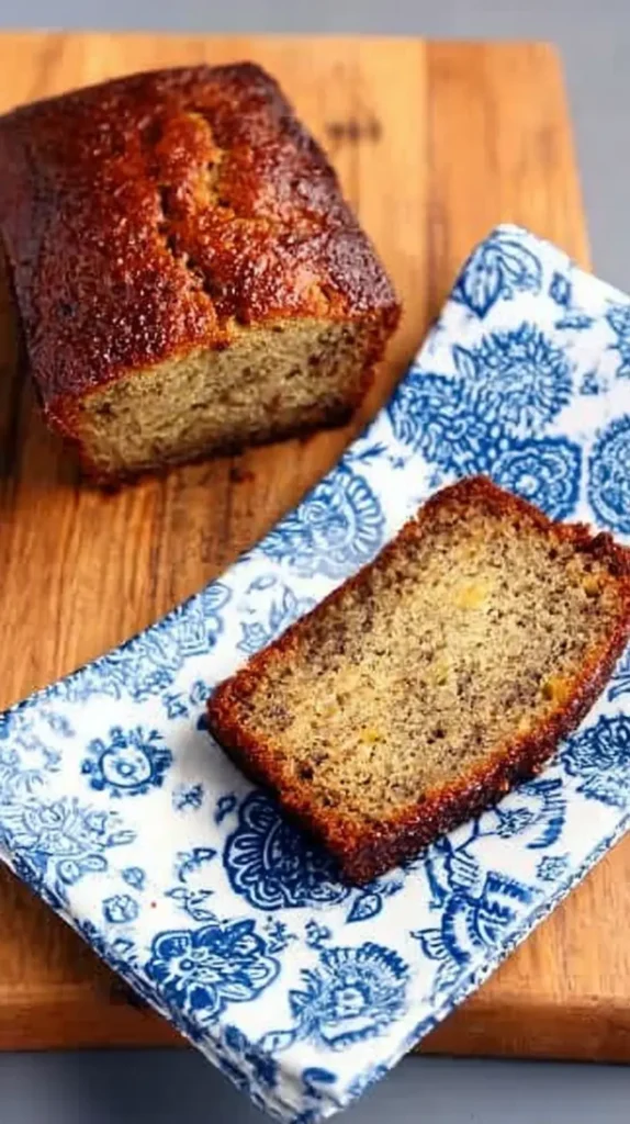 Easy Maui banana bread recipe: a single moist slice on a blue-and-white plate with the loaf behind it.