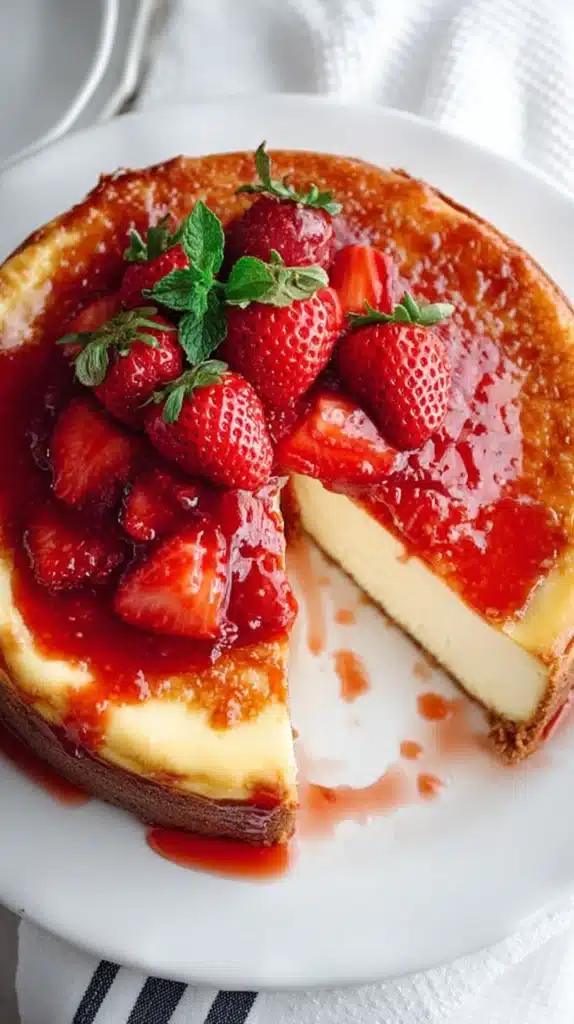 French Cheesecake: Simple, Stunning Cloud Slice with a single wedge removed and whole strawberries on top.