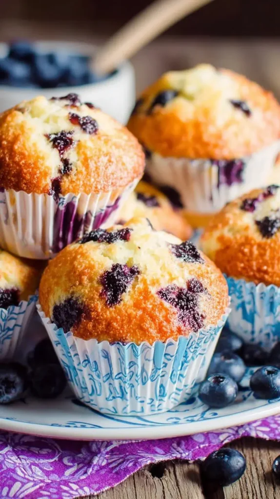 cottage cheese blueberry muffins with golden tops and juicy berries in white paper liners on a plate