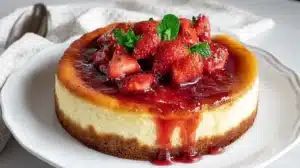 French Cheesecake: Simple, Stunning Cloud Slice whole cake with strawberry compote cascading down the sides.
