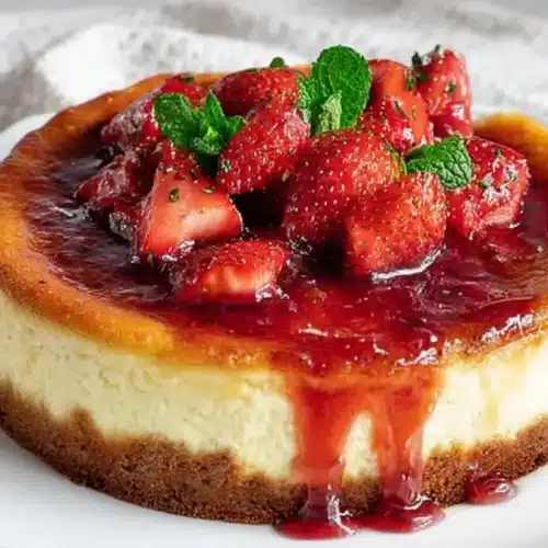 French Cheesecake: Simple, Stunning Cloud Slice whole cake with strawberry compote cascading down the sides.
