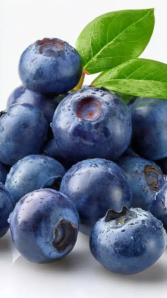 Close-up of dewy fresh blueberries with two glossy green leaves on a white background.