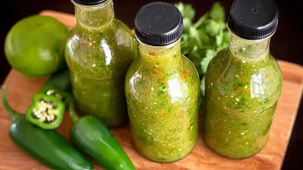 Homemade jalapeño hot sauce in three glass bottles on a wooden board with fresh jalapeños, lime, and cilantro.
