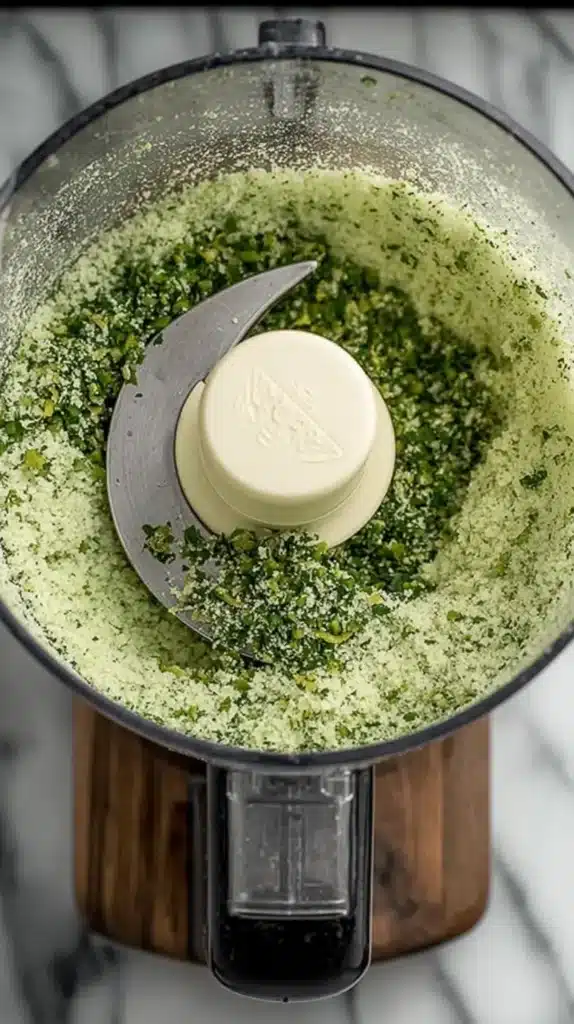 Fresh jalapeño salt mixture being processed in a food processor with finely chopped peppers and coarse salt.