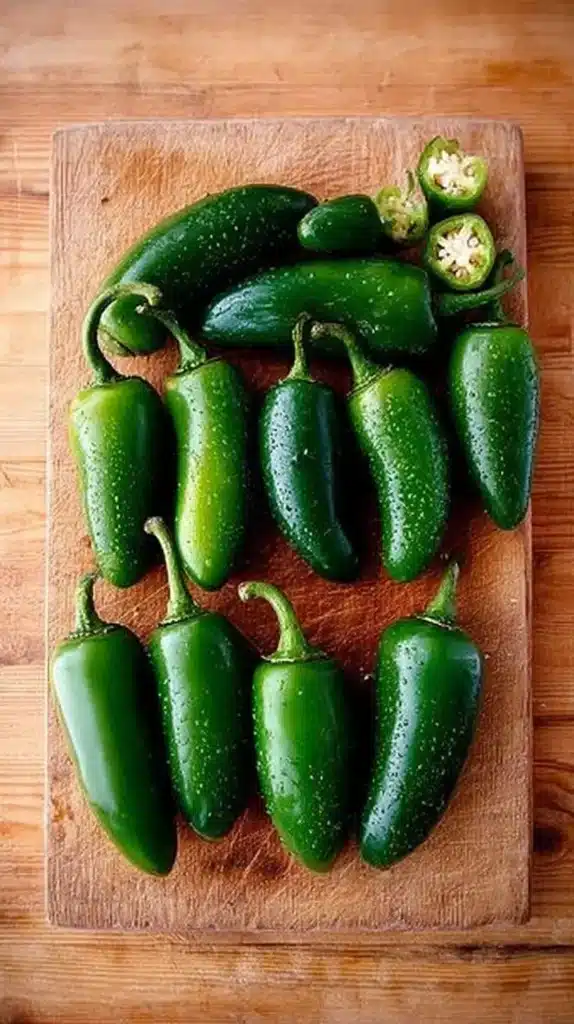 Whole fresh jalapeño peppers on a wooden cutting board, some sliced open.