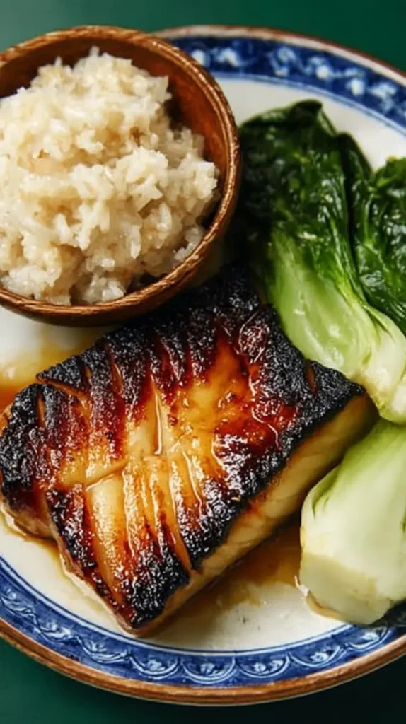 caramelized miso black cod fillet with charred edges served on a plate with steamed rice and baby bok choy