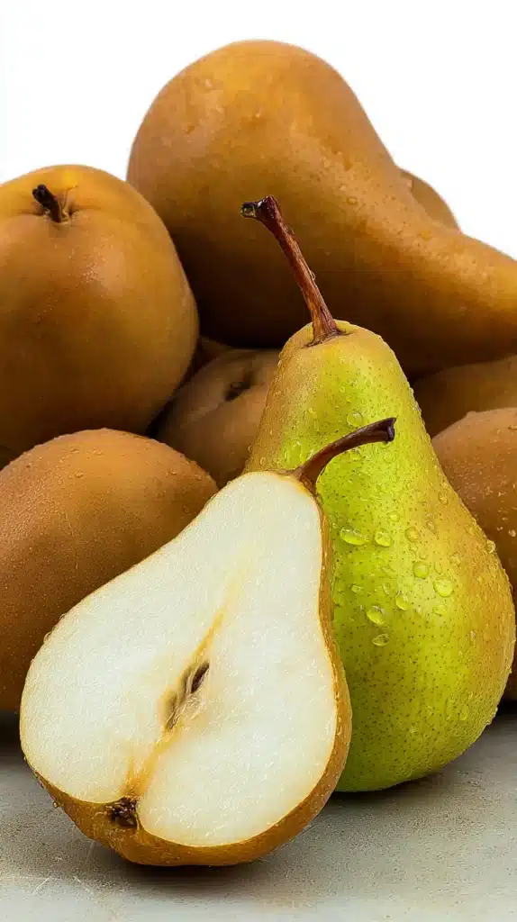 Ginger Pear Cheesecake Recipe: Simple & Stunning 3 Ginger Pear Cheesecake Recipe: Simple & Stunning featuring fresh, dewy pears—one halved to show the juicy interior.