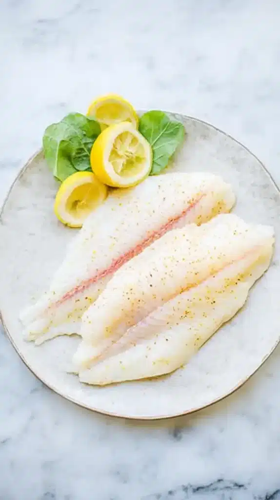 Two raw red snapper fillets lightly seasoned on a stoneware plate with lemon halves and leafy greens on a marble surface.