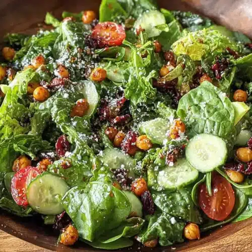 Fresh super greens salad with crunchy chickpeas, cucumbers, and cherry tomatoes in a wooden bowl