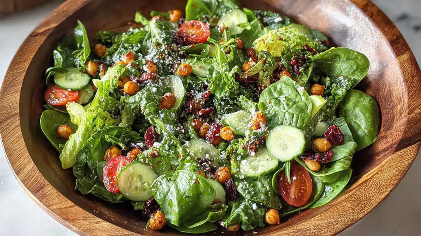 Fresh super greens salad with crunchy chickpeas, cucumbers, and cherry tomatoes in a wooden bowl