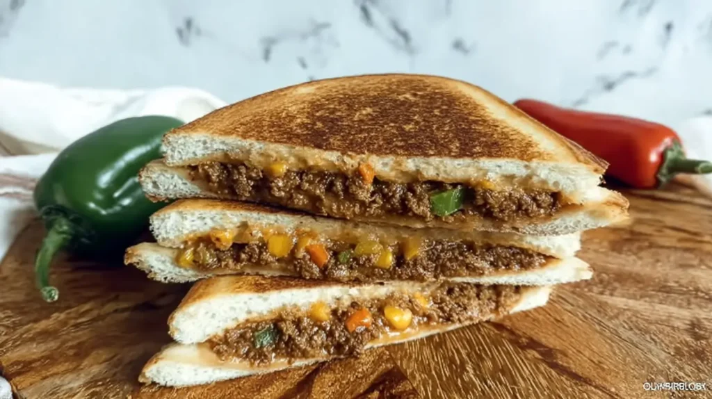 Frying Saucer Recipe triangle-cut sandwiches showing saucy beef filling