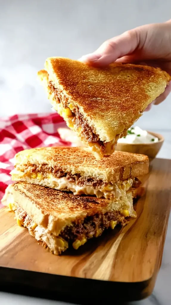 Frying Saucer Recipe: Easy, Golden, Delicious 2 Frying Saucer Recipe sandwich triangle being lifted with melted cheese and corn