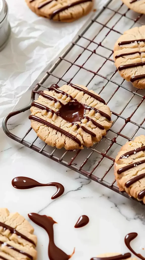 Fudge Stripe Cookies cooling on a rack with melted chocolate drizzle and a soft fudge center