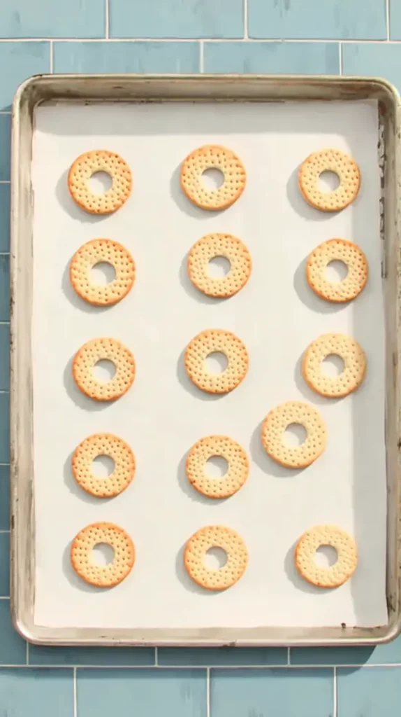 Fudge Stripe Cookies plain rings on a parchment-lined sheet pan before chocolate drizzle