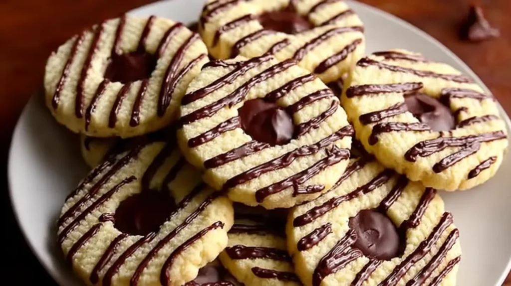 Fudge Stripe Cookies arranged on a plate, buttery rings with chocolate stripes and centers