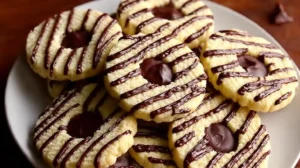 Fudge Stripe Cookies arranged on a plate, buttery rings with chocolate stripes and centers
