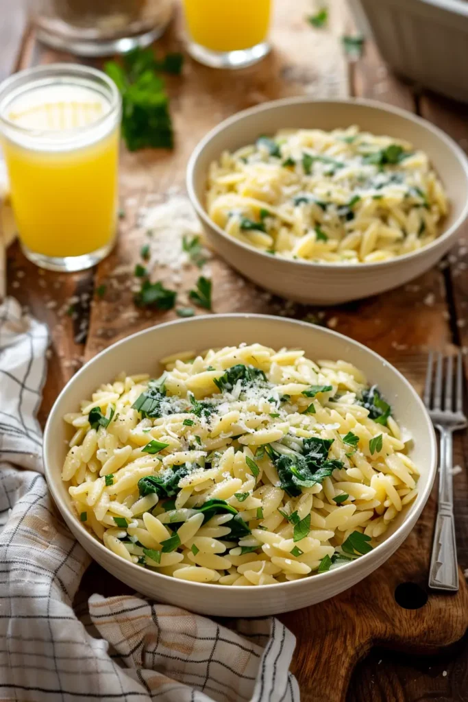 Two bowls of garlic parmesan orzo with spinach on a wooden table, with two glasses of orange-colored juice.