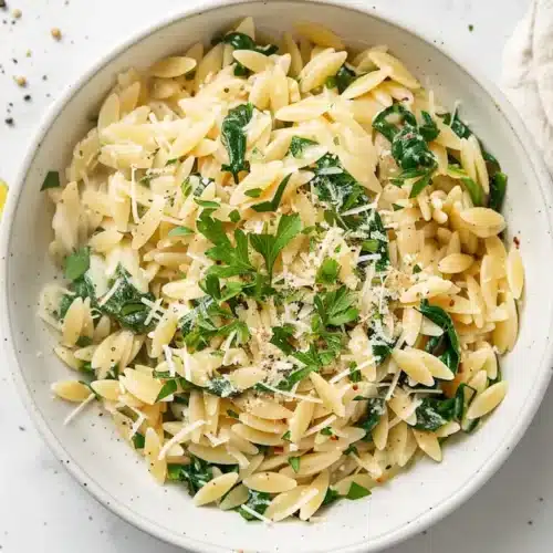 Close-up of creamy garlic parmesan orzo with spinach and black pepper on a fork.