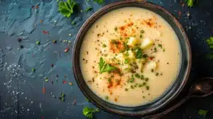 Bowl of creamy garlic parmesan potato soup topped with chives, parsley, and paprika.