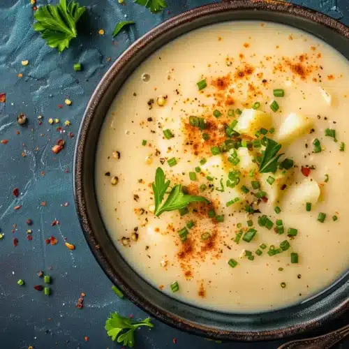 Bowl of creamy garlic parmesan potato soup topped with chives, parsley, and paprika.