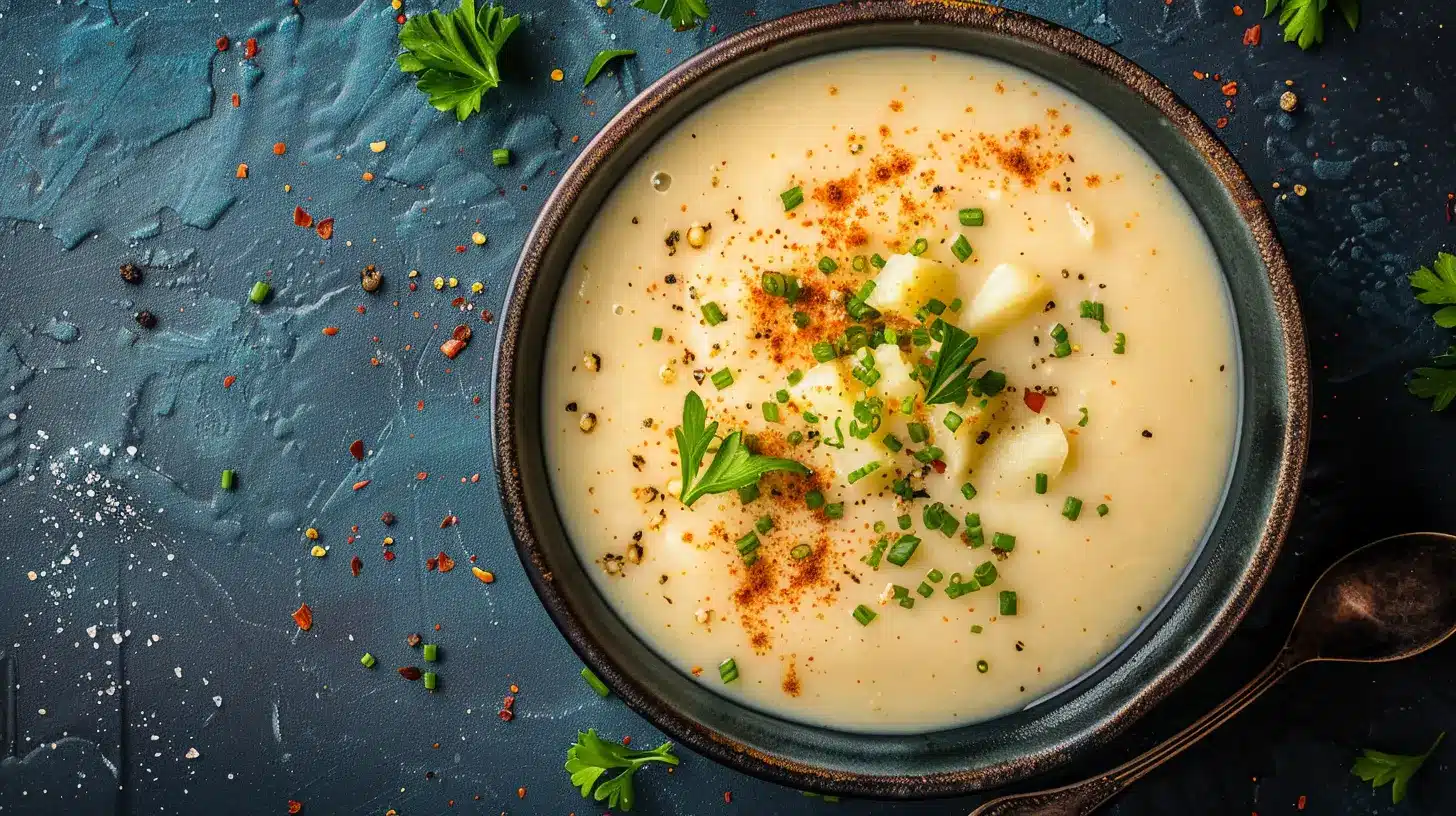 Bowl of creamy garlic parmesan potato soup topped with chives, parsley, and paprika.