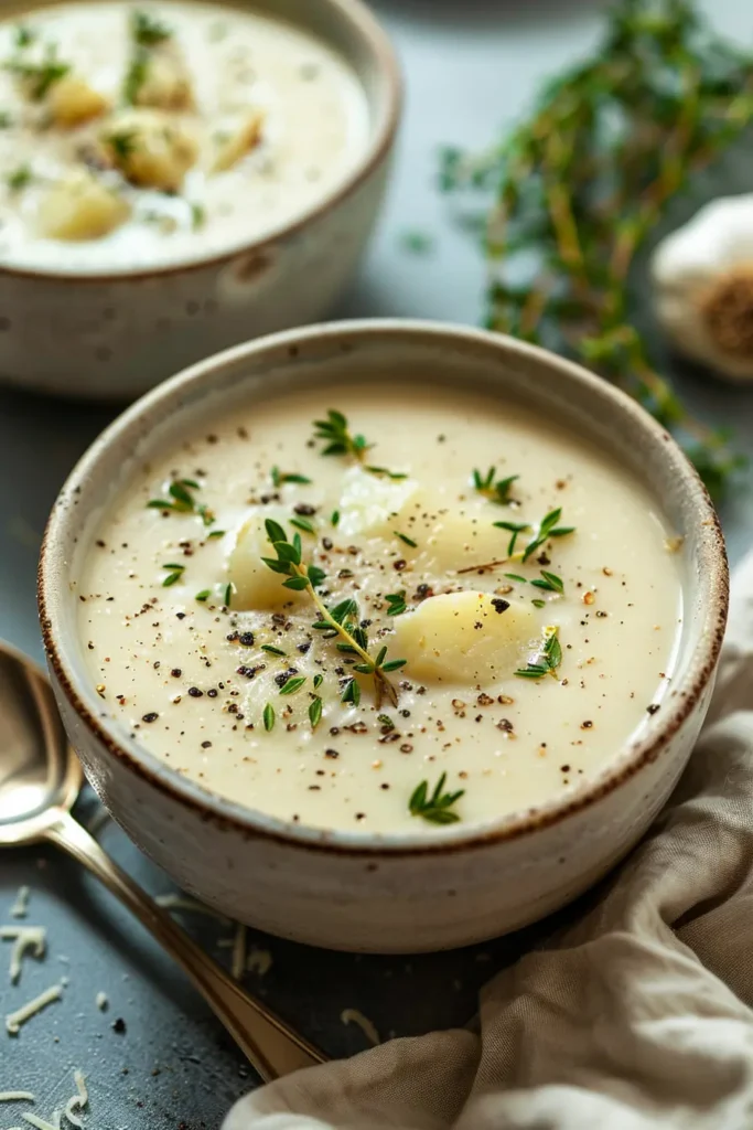 Creamy garlic parmesan potato soup in a rustic bowl topped with thyme and black pepper.