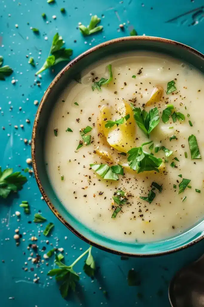 Creamy garlic parmesan potato soup in a blue bowl with parsley and pepper on top.