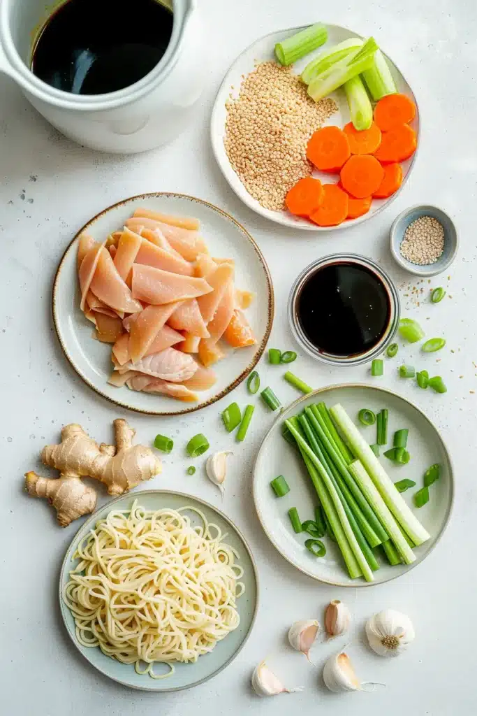Ginger chicken noodle soup ingredients laid out on a light surface with chicken, noodles, ginger, carrots, green onions, garlic, broth and soy sauce.