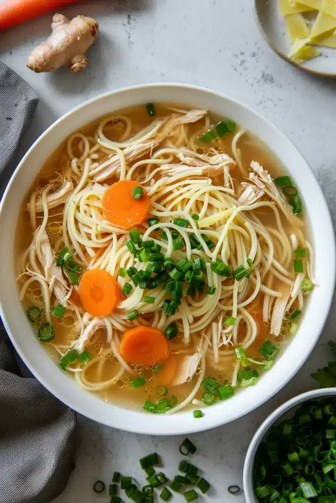 Ginger chicken noodle soup in a white bowl with noodles, shredded chicken, carrot slices and green onions in clear broth.