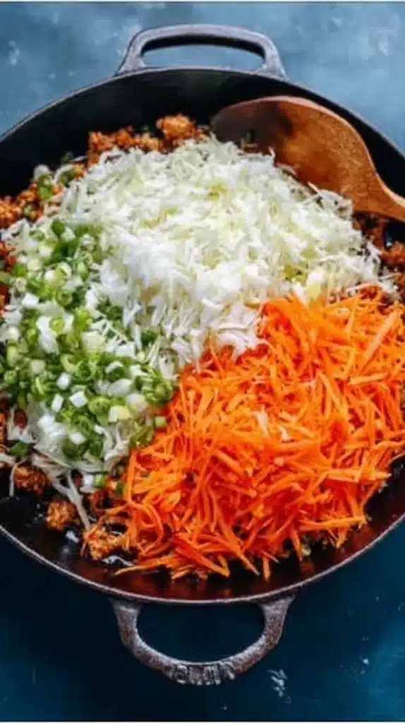 Skillet with cooked ground turkey topped with piles of shredded cabbage, carrots, and sliced green onions
