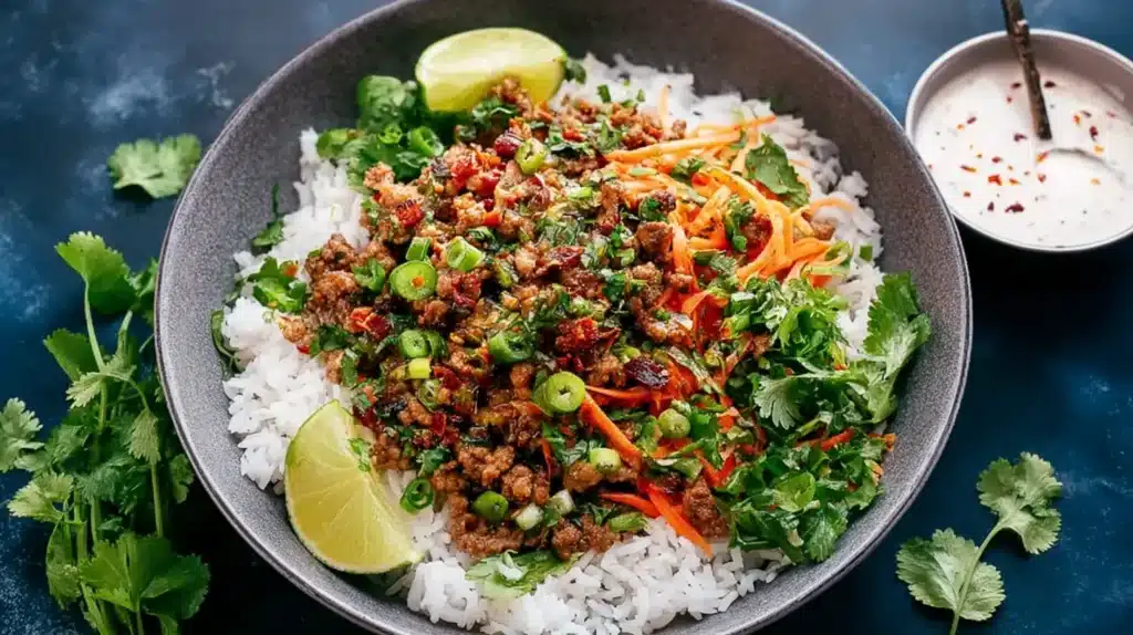 Rice bowl topped with ground turkey stir-fry, shredded carrots, cilantro, scallions, lime wedges, and chili-lime sauce