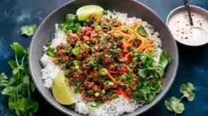 Rice bowl topped with ground turkey stir-fry, shredded carrots, cilantro, scallions, lime wedges, and chili-lime sauce