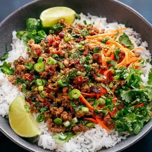 Rice bowl topped with ground turkey stir-fry, shredded carrots, cilantro, scallions, lime wedges, and chili-lime sauce