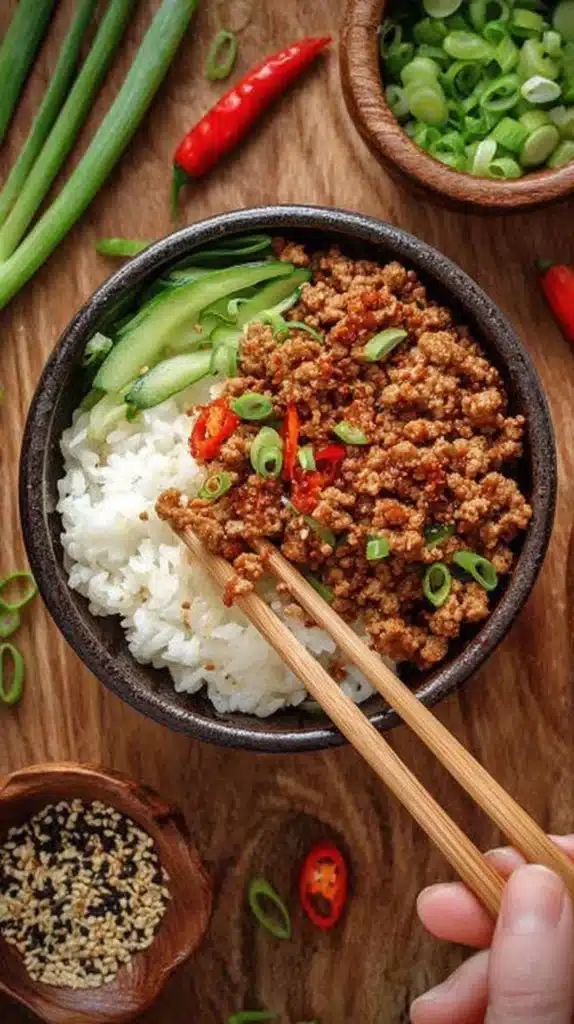 Ground turkey rice bowl with sliced cucumbers, scallions, and red chili over white rice