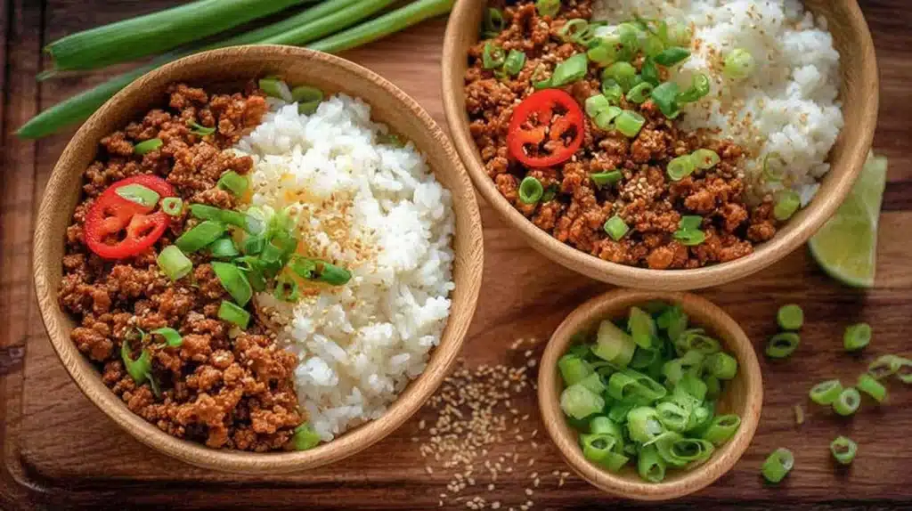 Two wooden bowls with ground turkey and rice, topped with scallions and sesame seeds