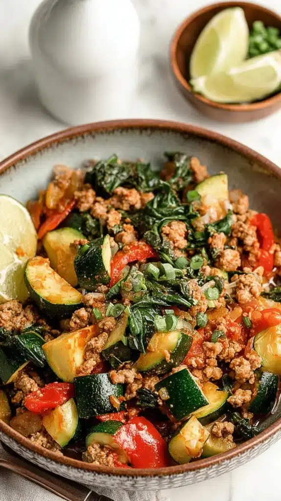 Bowl of ground turkey and zucchini skillet topped with scallions and lime