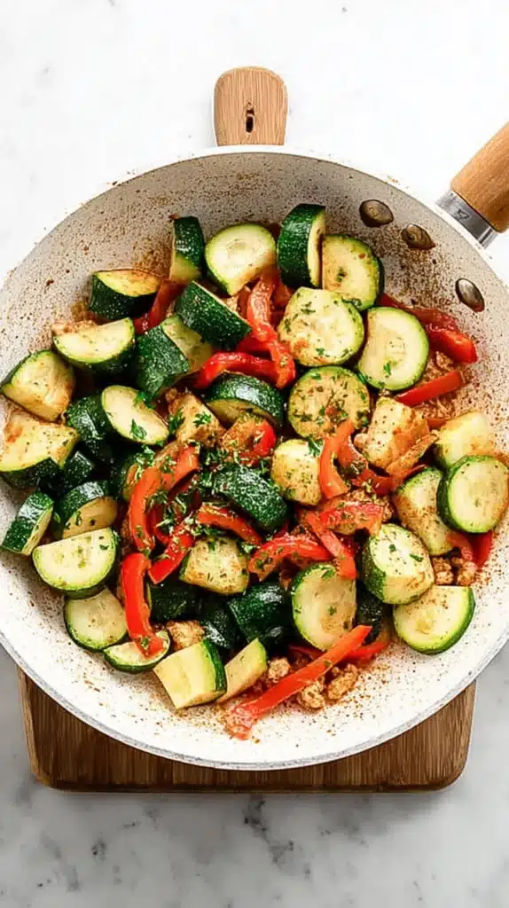 killet with chopped zucchini and red bell pepper over ground turkey