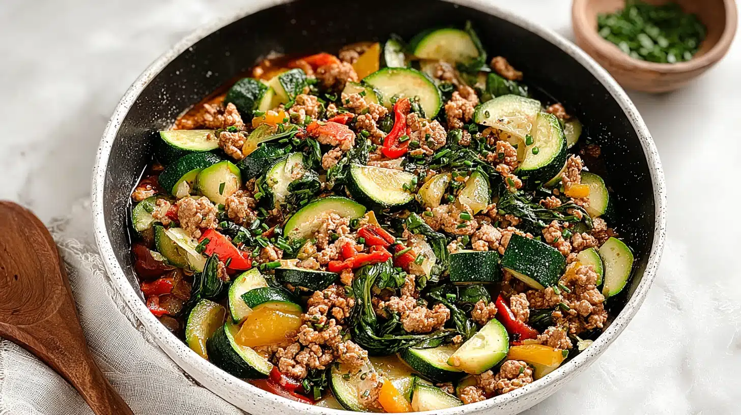 Skillet of ground turkey with zucchini, bell peppers, and herbs in a light sauce