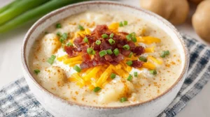 Baked Potato Soup Using Hash Browns: Easy & Amazing wide hero bowl with cheddar and scallions on a blue-check cloth.