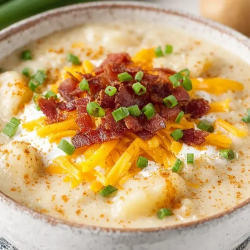 Baked Potato Soup Using Hash Browns: Easy & Amazing wide hero bowl with cheddar and scallions on a blue-check cloth.