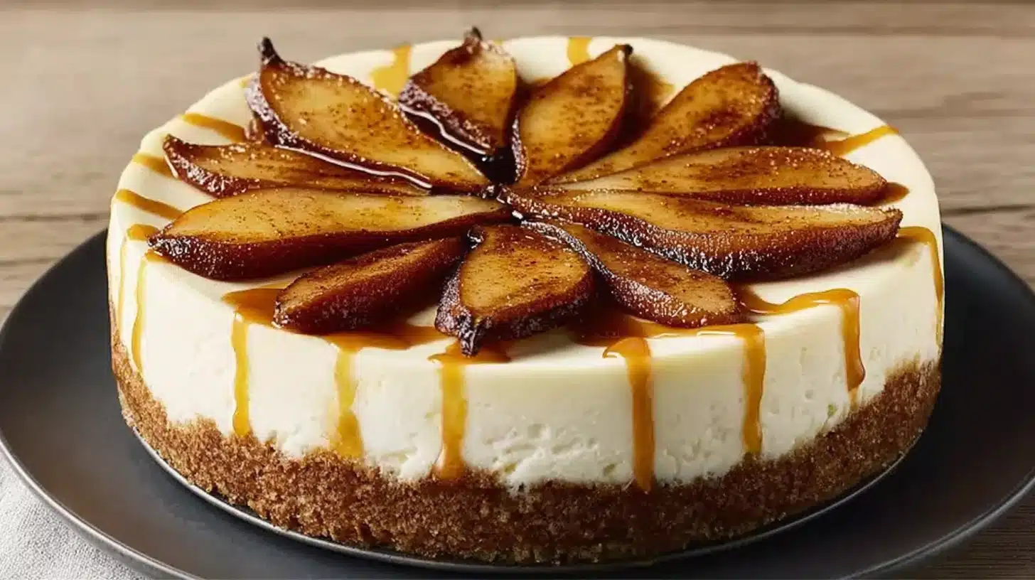 Ginger Pear Cheesecake Recipe: Simple & Stunning 1 Ginger Pear Cheesecake Recipe: Simple & Stunning with caramel drizzle and spiced pear wedges arranged on top.