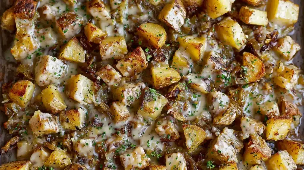 Potatoes with Lipton Onion Soup: Easy, Crispy & Amazing finished tray with melted cheese and parsley over browned cubes.